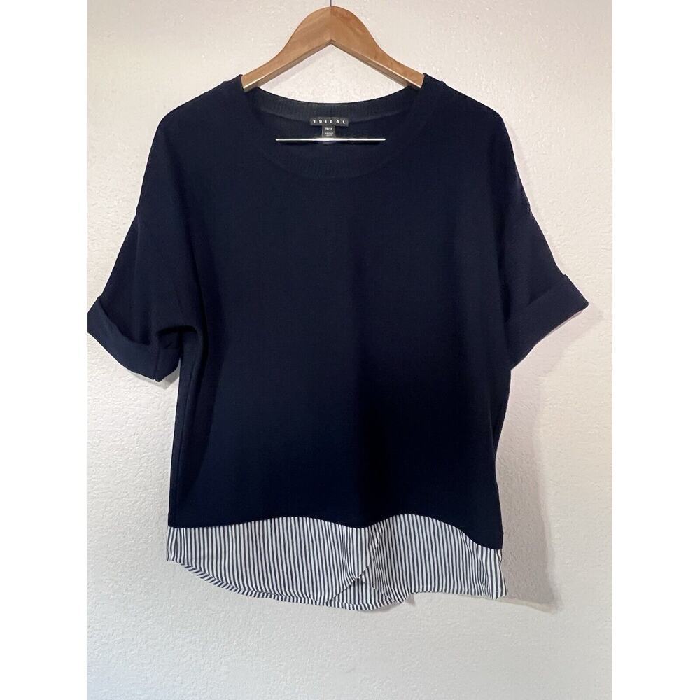 Tribal Women Poplin Top Navy Blue White Preppy Classic Timeless Capsule sz xs